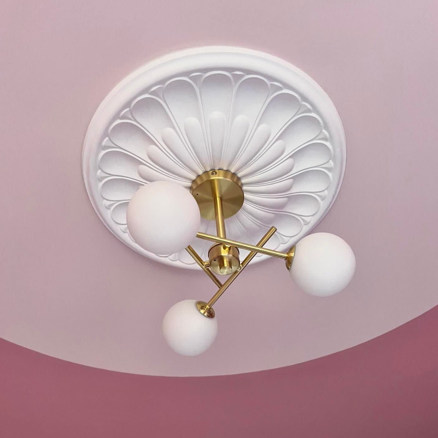 photo of Victorian Floral Plaster Ceiling Rose in pink room with contemporary lighting fixture