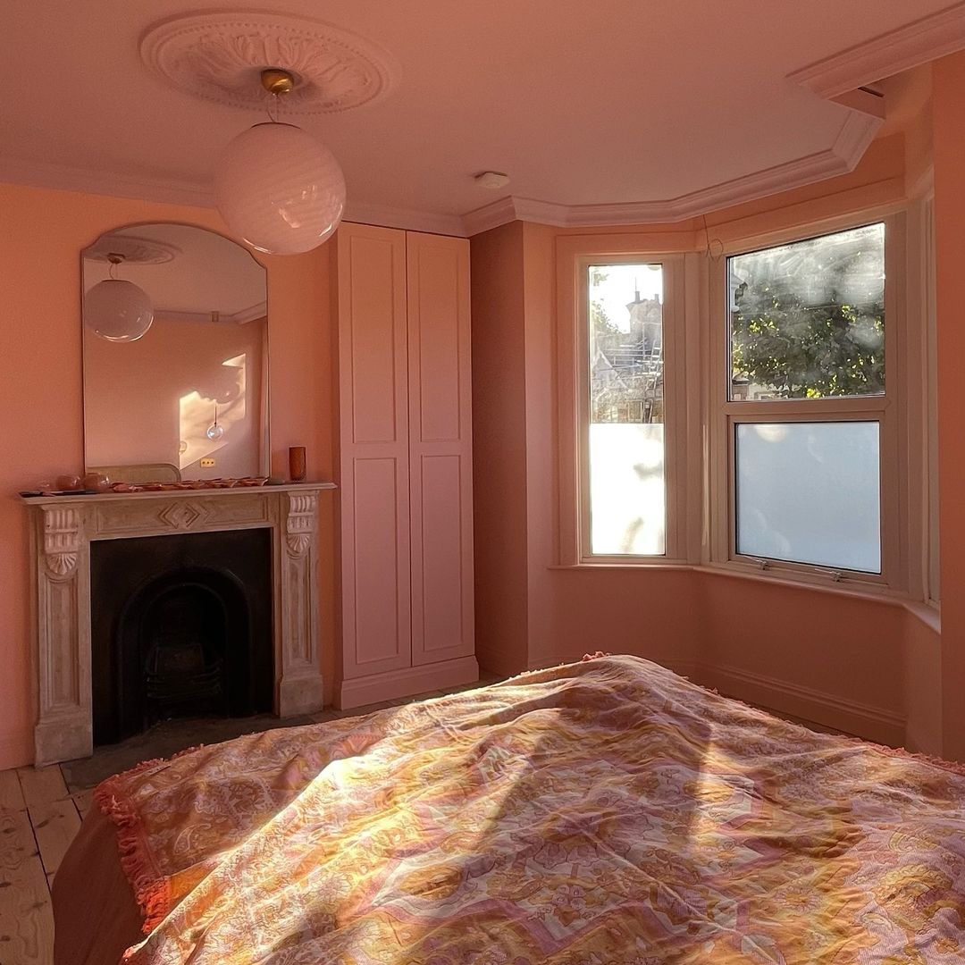 Victorian plaster ceiling rose in bright pink room